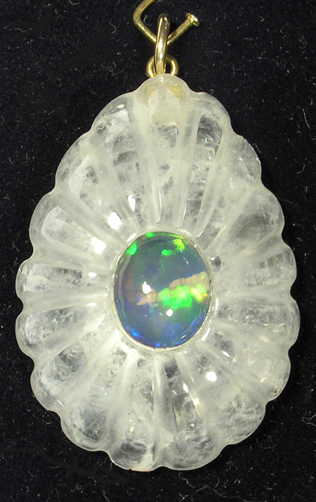 Pendentif plaqu� or, Opale Noire sur Cristal de Roche