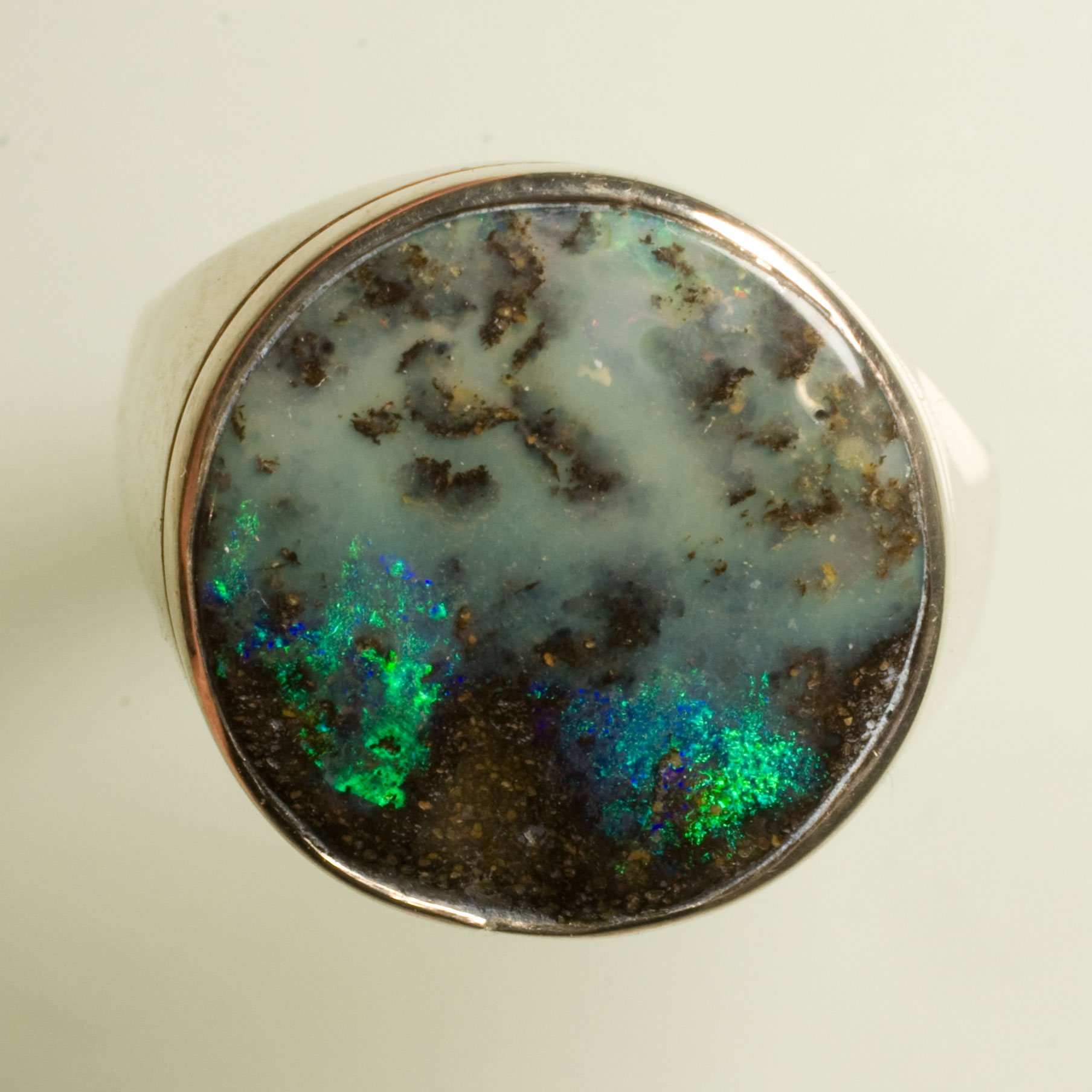 BB170 Bague Chevaliere Argent Opale Boulder Bleu Verte Grise Mousse Dendritique Taille 59 5 15mm Dia 6