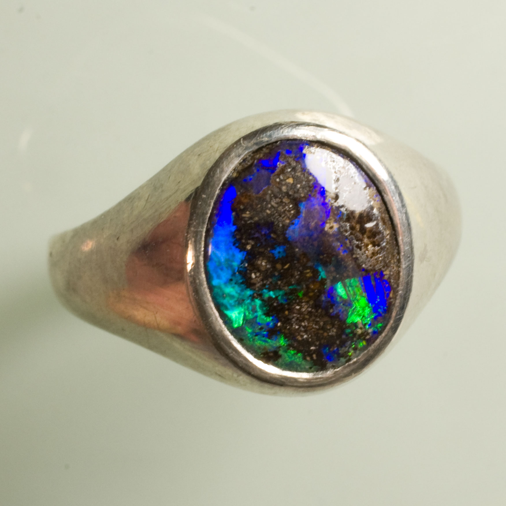  Bague chevalière argent taille 53 opale boulder vert bleu 10 x 8 mm 1.3 ct