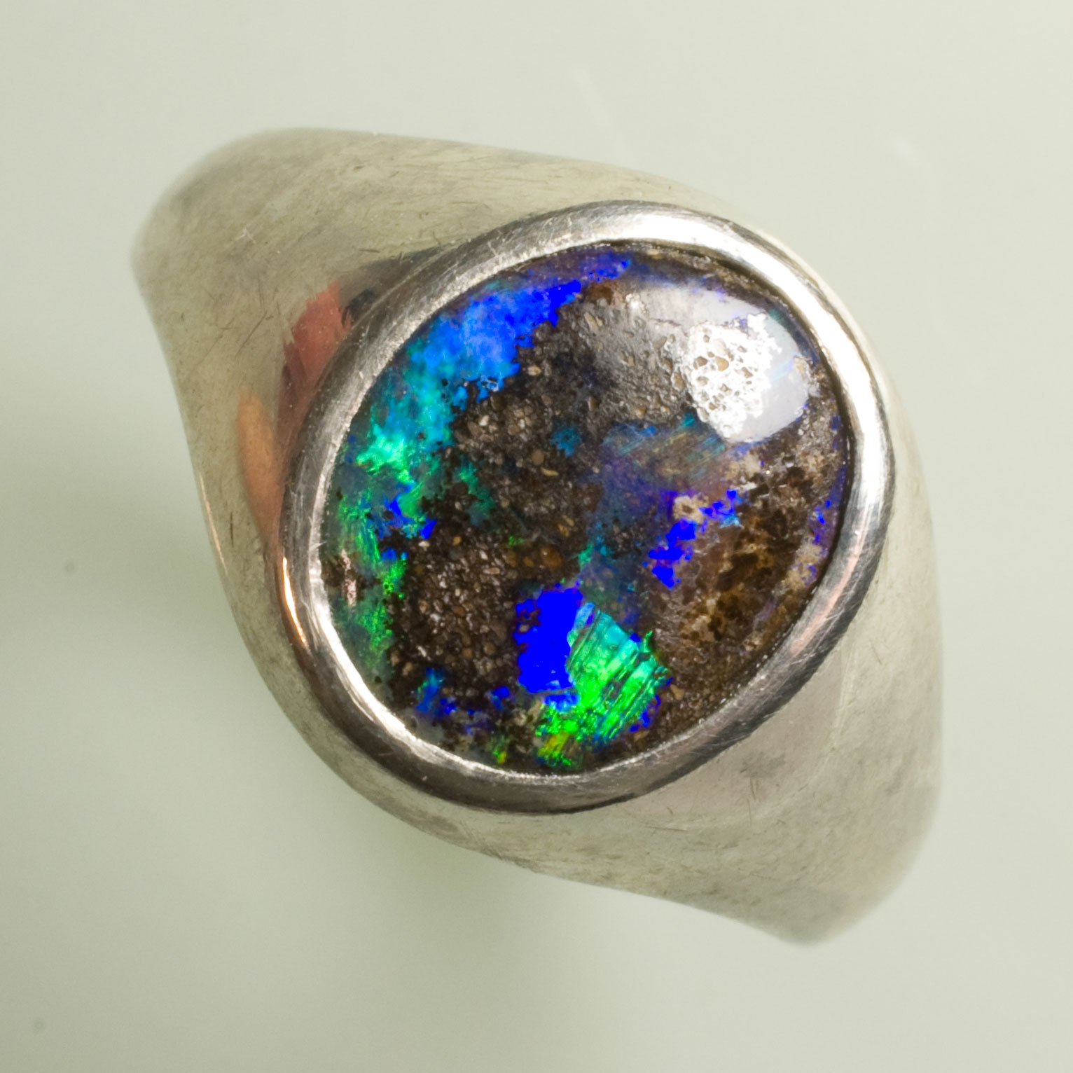 BB171 Bague Chevaliere Argent Opale Bouler Bleu Profond Vert Intense Taille 53 10x8mm 4