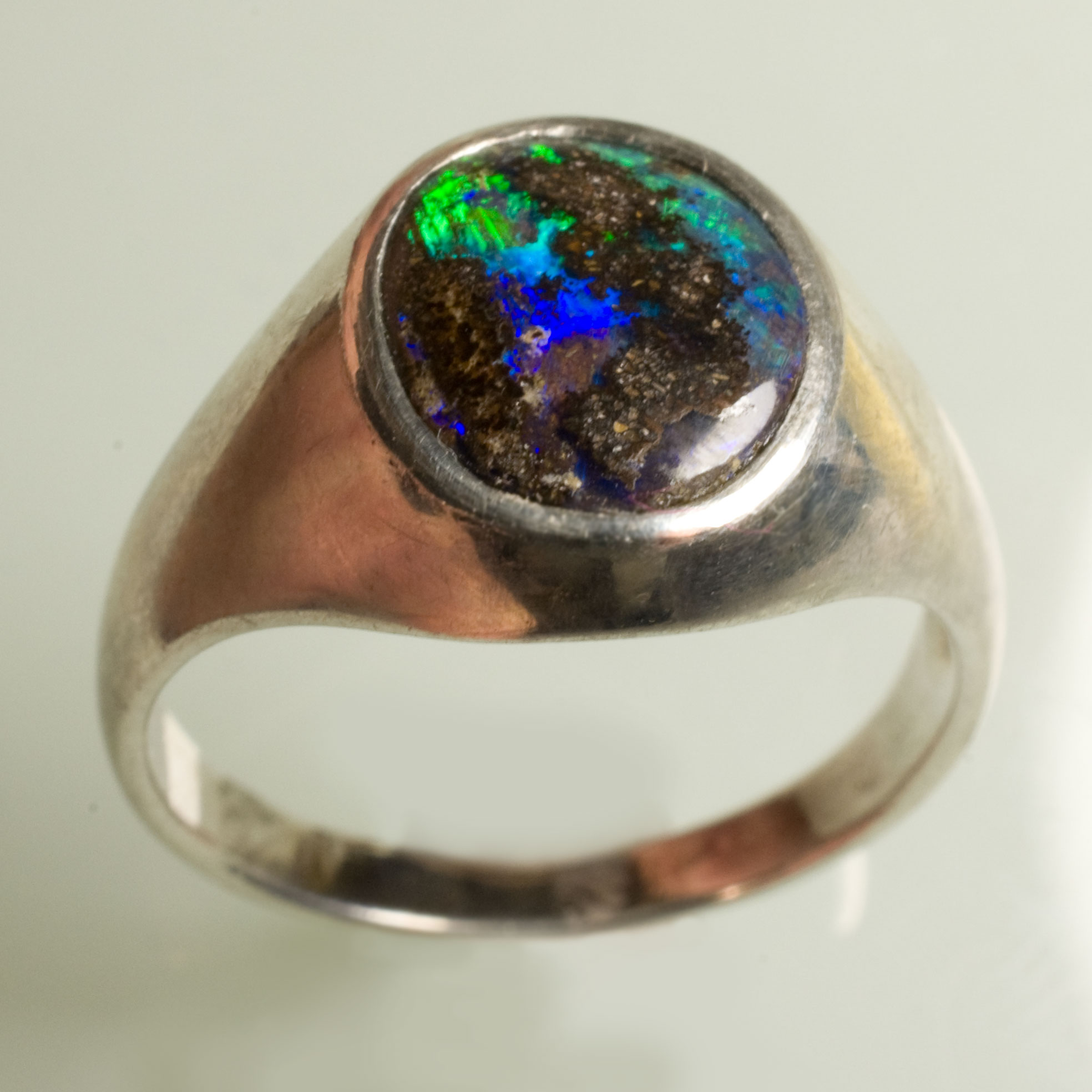 BB171 Bague Chevaliere Argent Opale Bouler Bleu Profond Vert Intense Taille 53 10x8mm