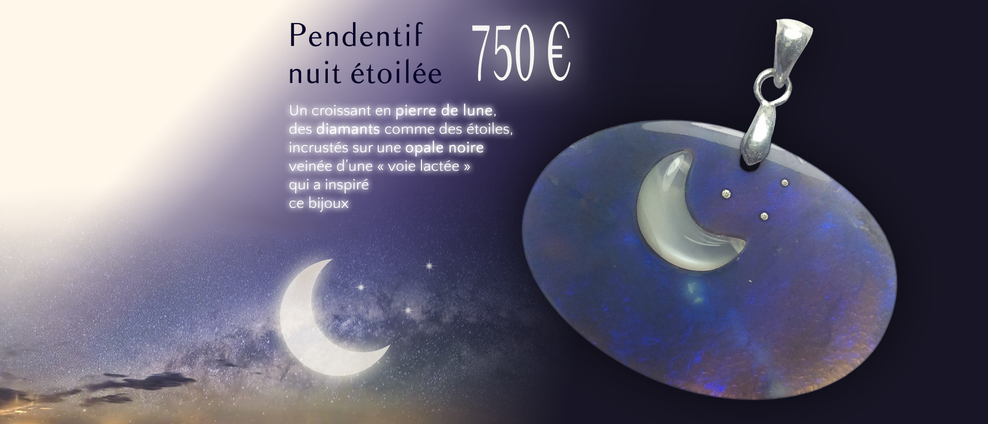 Pendentif Nuit Etoilee Opale Noire Voie Lactee Diamants Pierre De Lune
